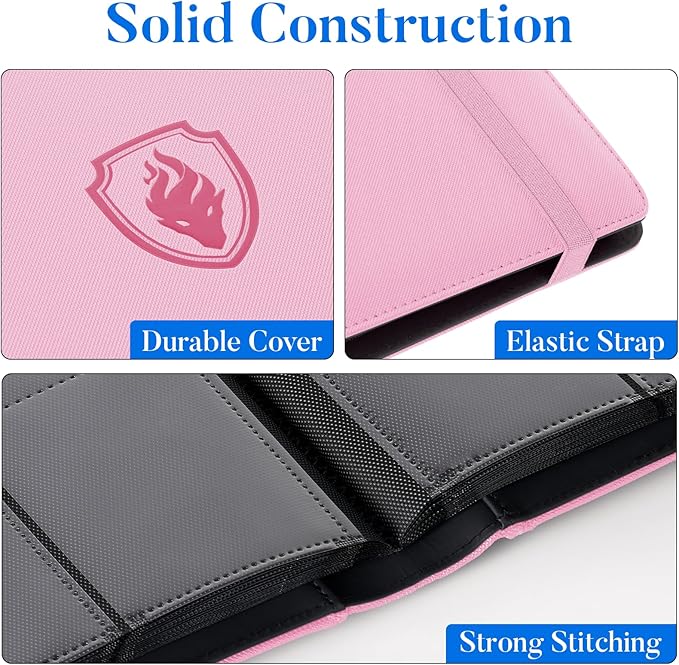 Premium 9 Pocket Card Binder for 360 Cards, Fabmaker PU Cover Trading Card Binder, Sturdy Card Collection Album, Sleek Card Holder Folders for Game Cards & Sports Cards, Pink