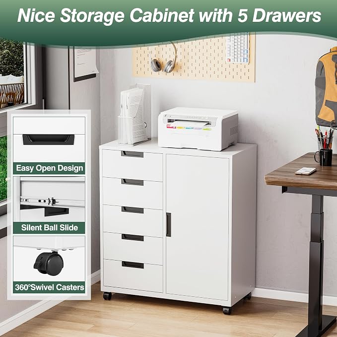 MIIIKO 5 Drawer Storage Cabinet with Door and Shelf, Mobile Lateral Cabinet on Wheels, Office Small Organizer Printer Stand, White File Cabinets