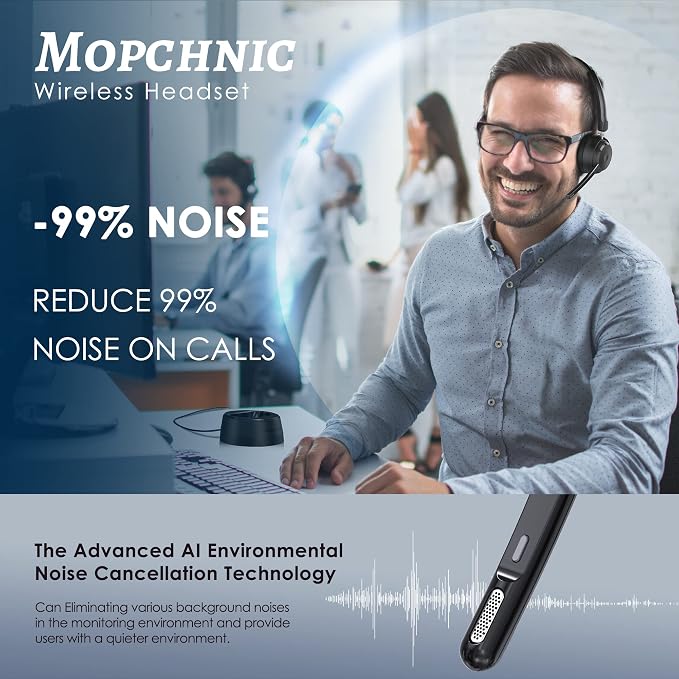 Mopchnic Bluetooth Headset, Wireless Headset with AI Noise-Canceling Microphone, On Ear Wireless Headset with USB Dongle for Work from Home Computer Office
