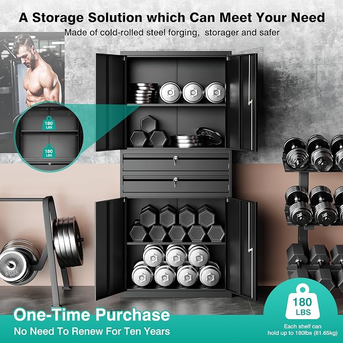 Metal Storage Cabinet with Drawer and Locks,Black Garage Storage Cabinet with Locking Doors and Adjustable Shelves,71" Tall Large Metal Cabinets with Magnetic Door for Home,Office,Garage