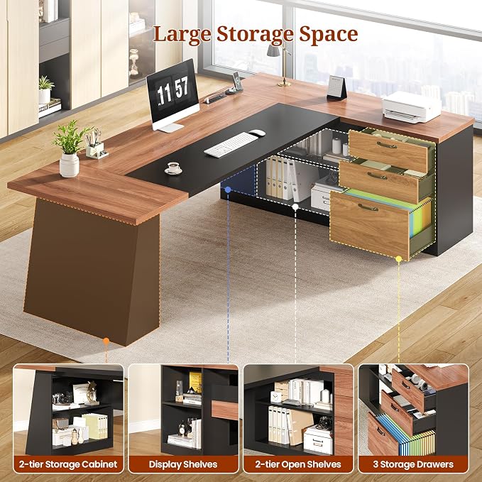 78.7" L Shaped Executive Desk with Power Outlets, Extra Large Office Desk with Drawers & File Cabinet, Modern Corner Computer Desk with Storage Shelves, Business Furniture, Walnut & Black