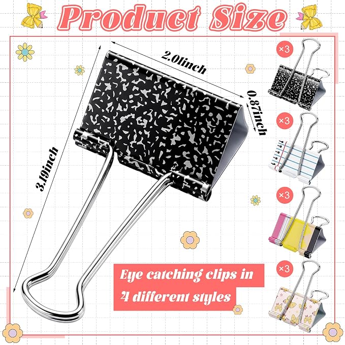 Thenshop 12 Pcs Back to School Teacher Gifts Extra Large Teacher Binder Clips 2'' Giant Metal Paper Clamps with Pencil Composition Book Design Clip for Student Classroom Office Back to School Supplies
