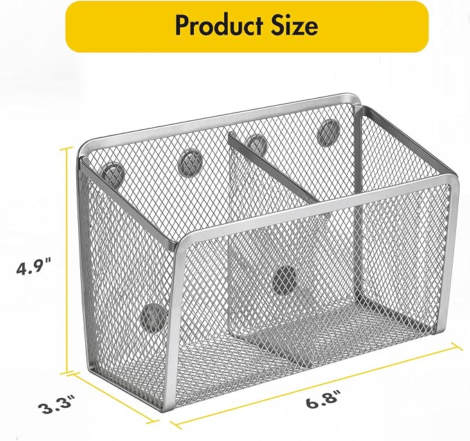 BEYGORM Magnetic Dry Erase Marker Holder for Whiteboard, Locker Organizer | Mesh Non-slip Pen & Pencil Holder for Refrigerator, Basket for Classroom, School &Office (Silver, 1-Pack)