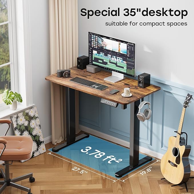 Small Standing Desk, 35" ×20" Electric Standing Table, Height Adjustable Compact Sit Stand Workstation with Splice Board, Home Office Desk with 2 Hooks, Rustic Brown
