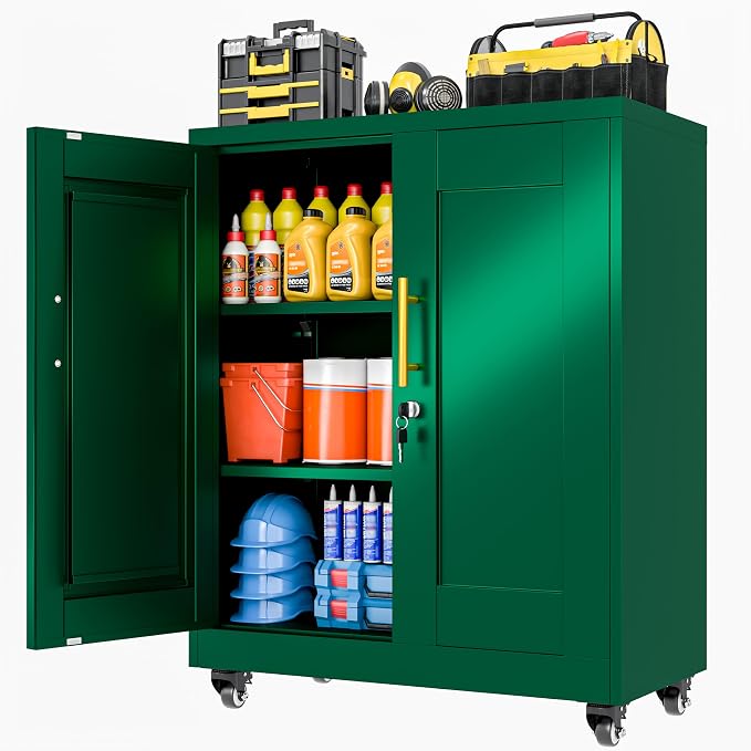 36" Metal File Garage Storage Cabinet with Lock and Wheels,Rolling Steel Locker Organizer,Office File Cabinet with 2 Doors and 2 Adjustable Shelves,Tool Cabinets for Home Office,Gym,School (Green)