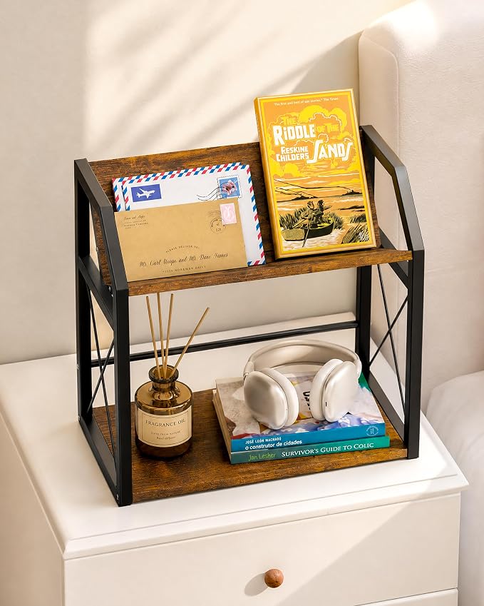 Desktop Bookshelf, Wooden Desk Shelf Organizer, Brown | 2-Tier Desk Top Storage Rack for Office, Dorm, Bedroom Decor, Small Tabletop Shelf for Books, Plants & Accessories