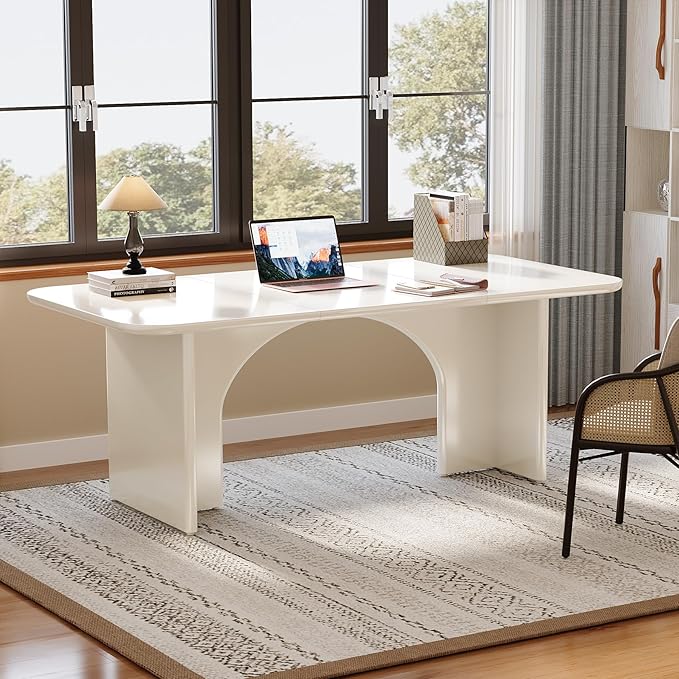 Tribesigns Modern White Desk, Large Minimalist Executive Office Computer Desk Writing Study Makeup Vanity Table Workstation with Arch Design Legs, 63 x 31.5 inch