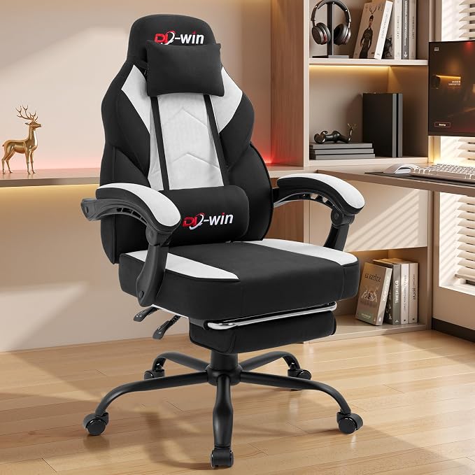 Gaming Chair for Adults with Footrest & Massage Lumbar Support, Ergonomic High Back Gamer Chair, Adjustable Swivel Computer Gaming Chairs with Headrest and Linkage Armrests,Black