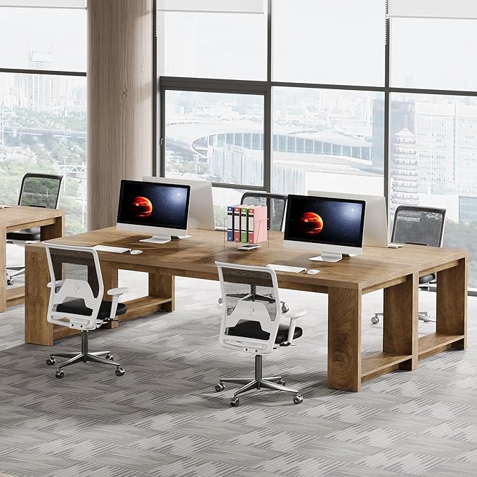 Tribesigns Two Person Desk, 86.6 Inches Extra Long Desk, Double Computer Writing Table, Wood Large Desks Workstation for Home Office, Natural Wood