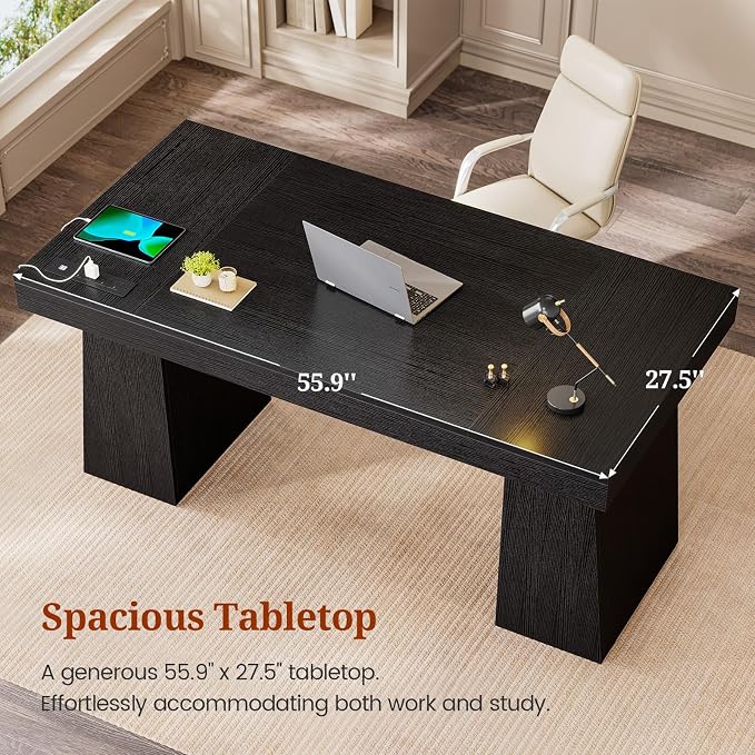55.9 in Executive Desk with Power Outlets, Modern Home Office Desk with Storage Cabinet, Wood Computer Desk Business Workstation Desk Conference Table, Black (Storage Cabinet)