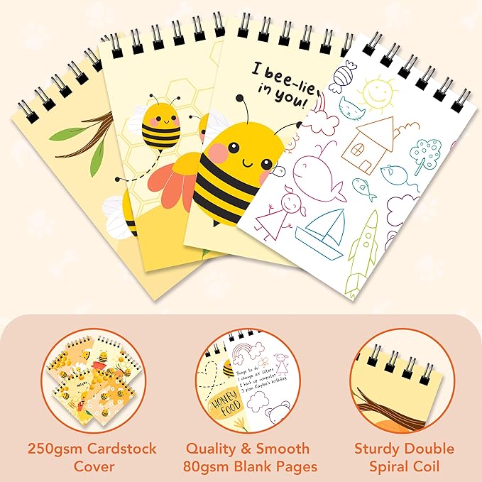 Decorably 24 Pack Spiral Bumble Bee Party Favors for Kids - 12 Colorful Designs 2.4x4in Mini Notepads, Spring-Bound with 20 Sheets - Gifts for Birthday, Baby Shower, Children's Party, School