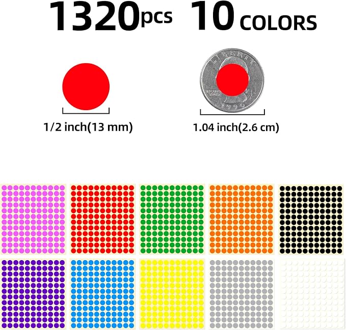1/2" Small Colored Dot Stickers 1320 PCS Round Circle Stickers Small 10 Colors Coding Labels Mini Sticker for Office,Classroom (10 Colors, 1/2" (13mm))