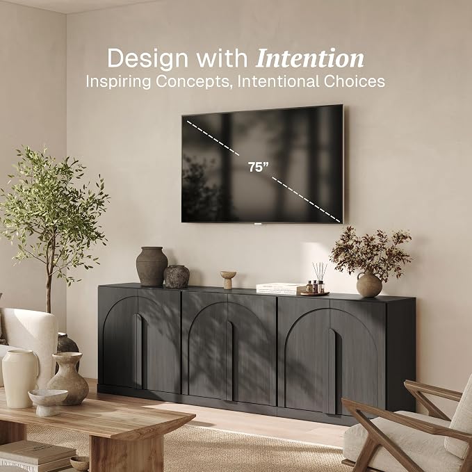 BELLEZE 3-Piece Modular Bookshelf Set, 94" Modern Display Bookcase with Arched Wood Doors, 2-Tier Storage Cabinet with Adjustable Shelves for Living Room Office Entryway (Ebony)