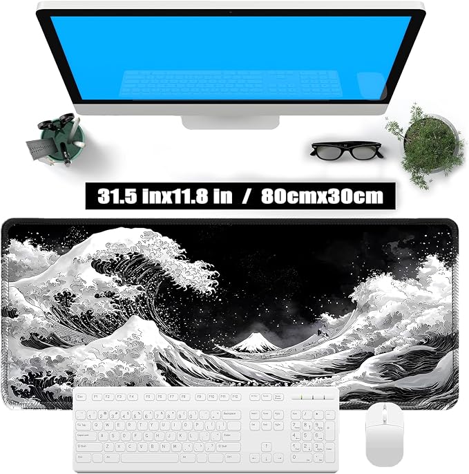 Black and White Japanese sea Mouse Pad, Kanagawa Surfing 31.5"x11.8" | Great Wave mount fuji Desk Mat, Sewn Edges, Microwoven Fabric,Easy to Clean,Suitable for Office