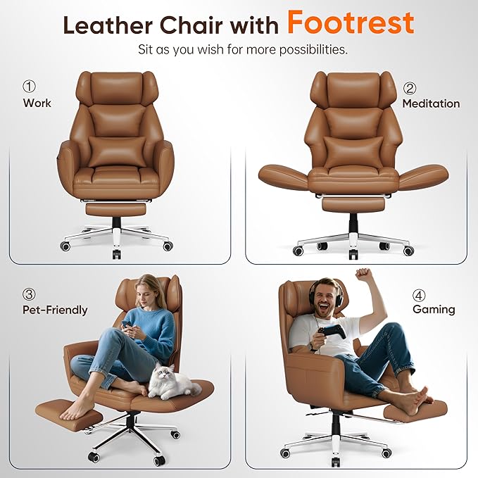 GABRYLLY Ergonomic Chair with Footrest – Wide Cross Legged Chair with Reversible Armrests, 120°Tilt, Heavy-Duty Base, Big and Tall Executive Chair Plus, Brown, GY82766