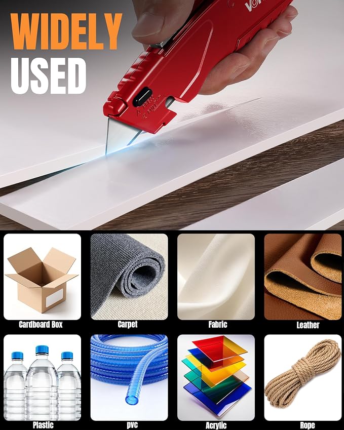VOTREK® Box Cutter Retractable| Metal Utility Knife【Built-in Storage】Tool-Free Quick Blade Change| Safety Lock| Extra 10 SK5 Blades| Razor Knife for Cardboard & Plastic| Paper Craft Tools
