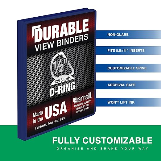 Samsill Durable 0.5 Inch Binder, D Ring Binder, Customizable Clear View Cover, Dark Blue, Holds 125 Pages