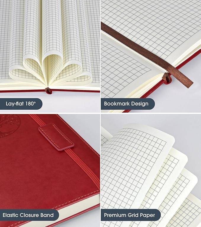 Graph Paper Notebook Journal for Women Men,140 Pages Hardcover Grid Notebooks for Work & School,Leather Journals for Writing, Graphing Paper Notebook 5.7"×8.3" (Winered)
