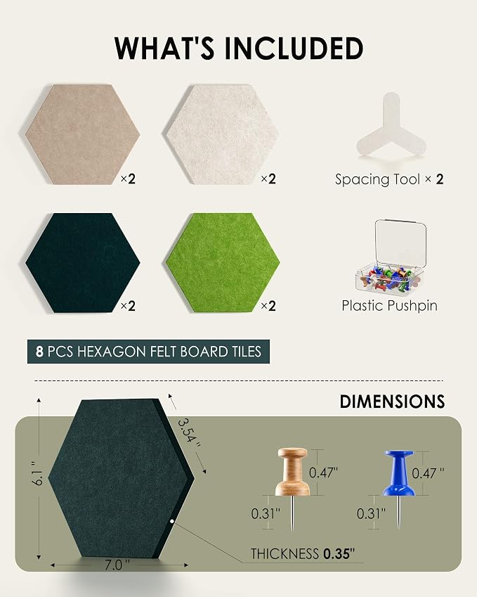 MaxGear Hexagon Bulletin Board, Small Cork Board Office Decor Gradual Green | Cork Boards For Walls Alternative, 8Pcs Felt Wall Panels, Vision Board Pictrure Room Wall Decor With Push Pins