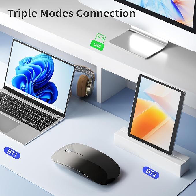 TENMOS M18 Bluetooth Mouse, USB C Rechargeable Wireless Mouse, Grey&Black | Tri-Mode BT5.1/5.0+2.4G, Silent, Portable, Battery Level Visible, USB Receiver,Type C Adapter, for Laptop/Macbook/iPad/PC