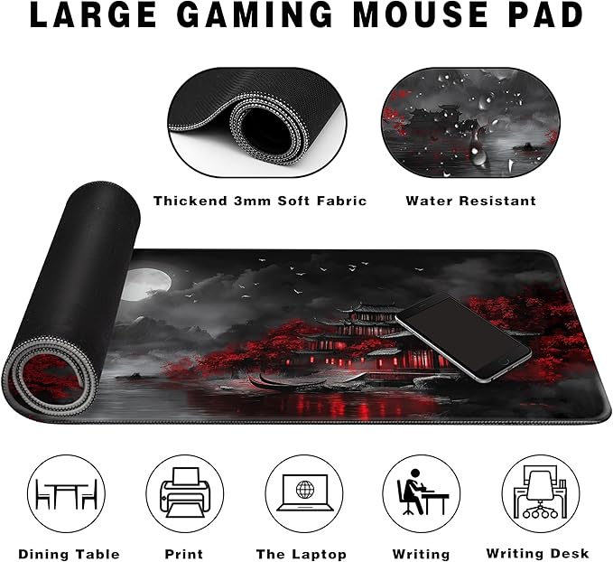 Long Gaming Mouse Pad Extended Anime Large Desk Pad with Non-Slip Base Full Keyboard Mat with Stitched Edges for Gaming and Office 31.5 x 11.8 inches (Dark Night Full Moon)
