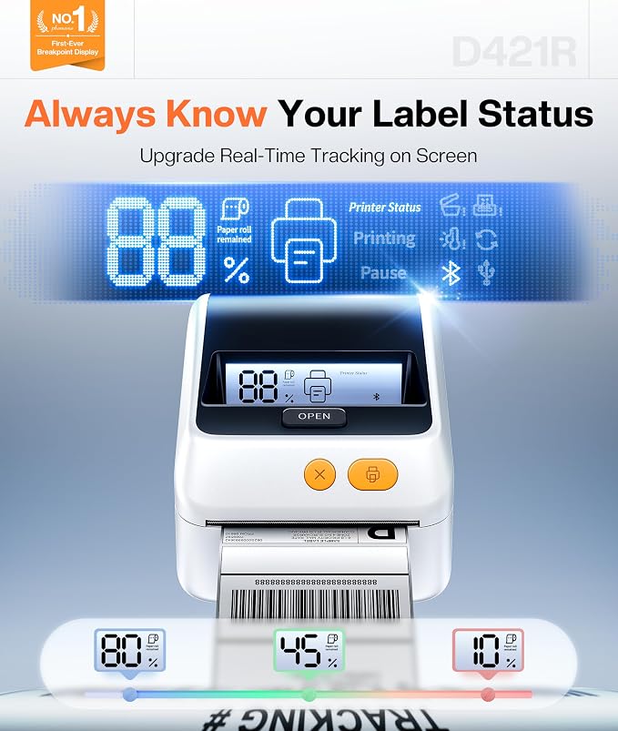 Phomemo Shipping Label Printer with Screen and Built-in Label Bin | D421R 4x6 Bluetooth Thermal Printer with RFID Auto Detection, Real-time Paper Display, Compatible with iPhone, Android