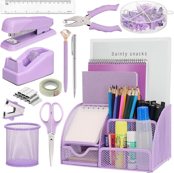 13-in-1 Office Desk Organizer Set for Back to School Supplies Accessories | Organizer Set with Stapler and Tape Dispenser, Pen Holder, Scissors, Ruler, Hole Punch, 2 Pens & More Desk Supplies