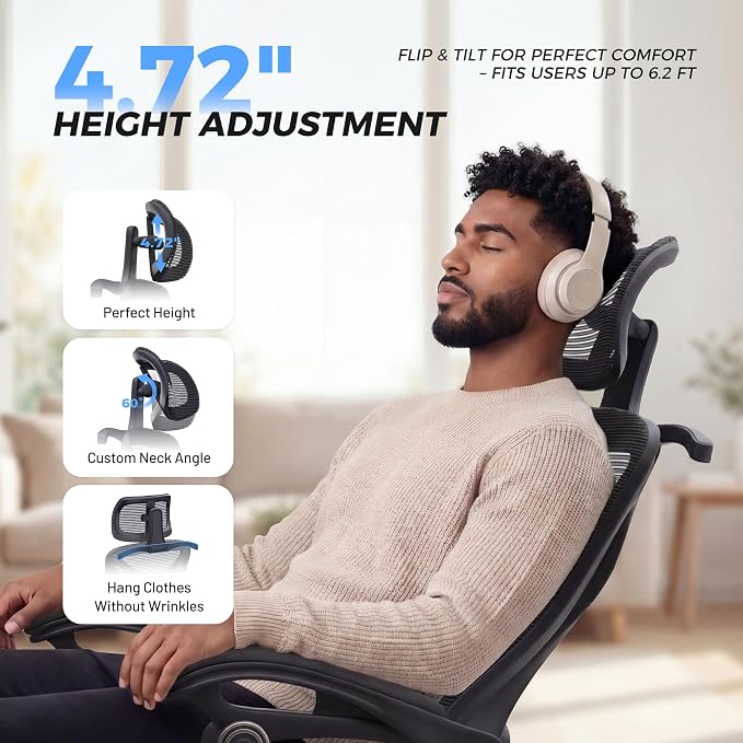 CYKOV Ergonomic Office Chair, Reclining, Footrest, Adjustable Lumbar, 350LB | 4-Way Headrest (4.72" + 60°), 2-Way Lumbar (2" + 1.18"), 90-135° Recline, Breathable Mesh, Gaming & Office, 5-Year Warranty