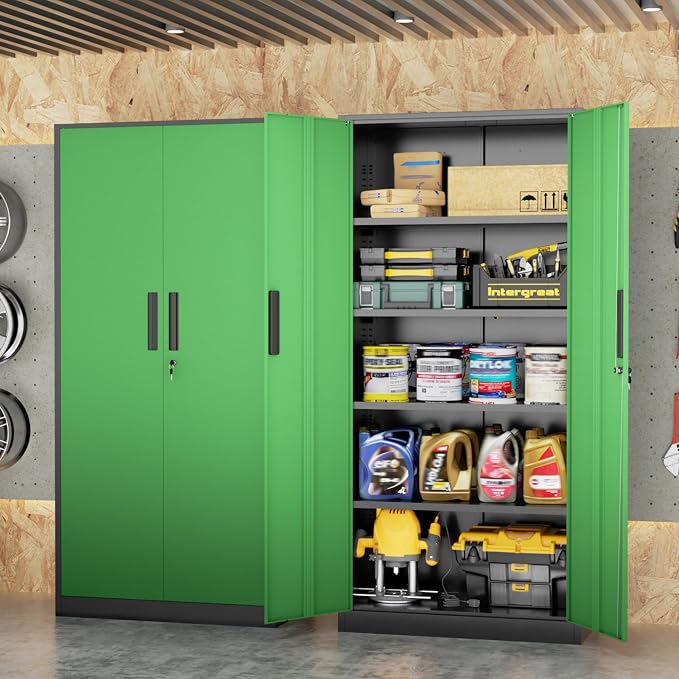 Metal Storage Cabinet, 72" Locking Steel Cabinets with 2 Door and 4 Adjustable Shelves, Tall Metal Cabinet for Home Office, Garage, Warehouse,(Black+Green)