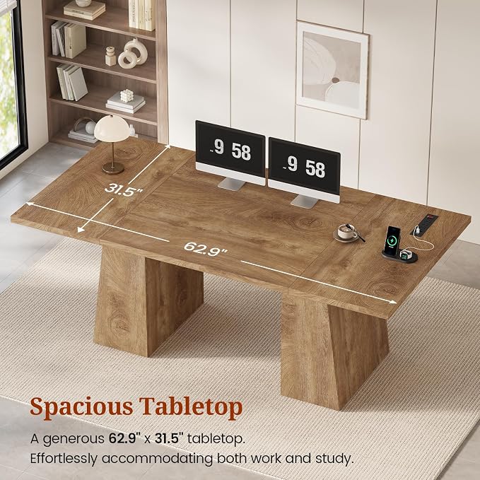 63 in Executive Desk with Power Outlets, Modern Home Office Desk with Storage Cabinet, Wood Computer Desk Business Workstation Desk Conference Table (Oak)
