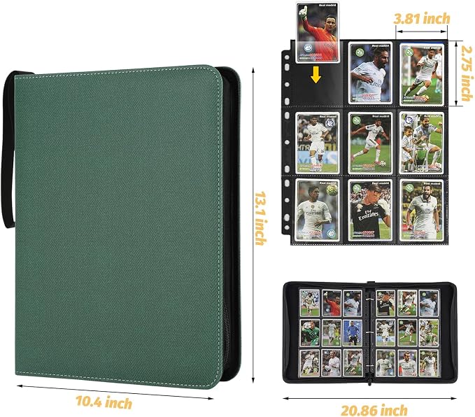 GERMUN 3 Ring 9 Pocket Zipper Card Binder, 720 Double Sided Standard PU Trading Card Album Folder for TCG & Sports Cards, Not Fit Top Loaders (Dark Green 1)