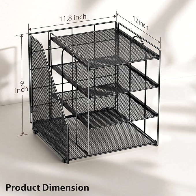Desk Organizer, 4-Tier Metal File Organizer for Desk with Vertical File Holder, Office Accessories and Desktop Storage for Office Supplies (Black)
