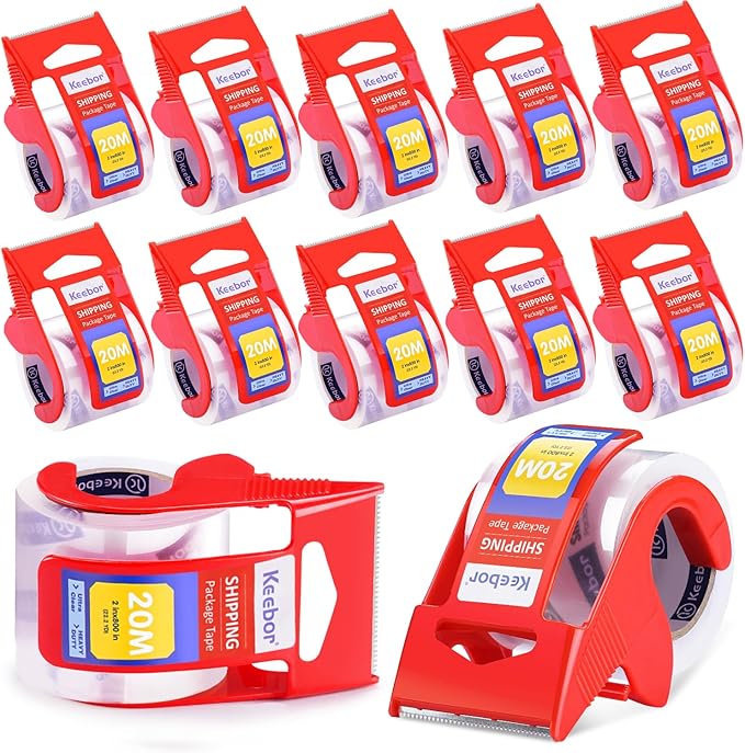 12 Rolls Packaging Tape with Dispenser, Heavy Duty Packing Tape, Clear Tape for Shipping Mailing Wrapping, 1.5'' Core