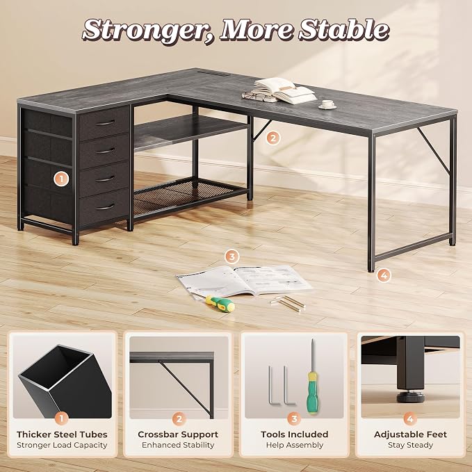 61" L Shaped Desk with Power Outlets & 4 Drawers | Reversible Computer Desk with 2 Storage Shelves, Large Corner Office Desk for Gaming Writing Work Study, Grey