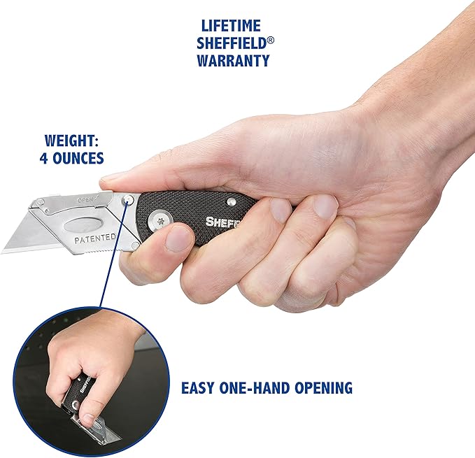 Sheffield Folding Utility Knife, Accepts Standard Utility Knife Blades, Box Cutter Aluminum Handle, Razor Blades Included, For Home, Office, Trades, and Warehouse