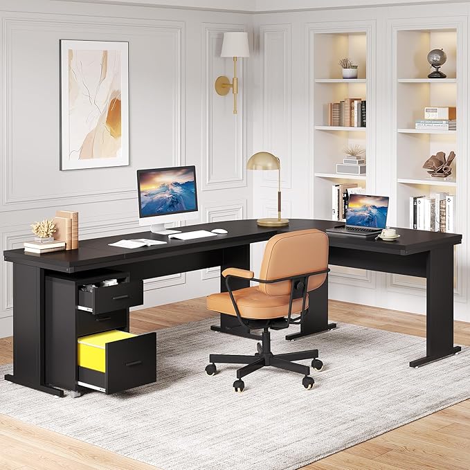 Tribesigns L-Shaped Executive Desk, Large Office Desk with 3-Drawer File Cabinet, Industrial Corner Computer Table with Drawers, Business Workstation for Home Office (Black, 83")