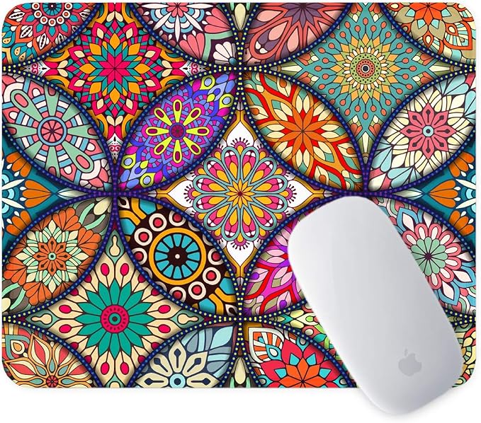 BOSOBO Mouse Pad, Floral Mandala Mouse Mat, Small Custom Mouse pad for Gaming, Office, Women and Men, Non-Slip Rubber Base, Stitched Edge, Waterproof, Rectangle 10.2 x 8.3 Inch, Flower Mousepad