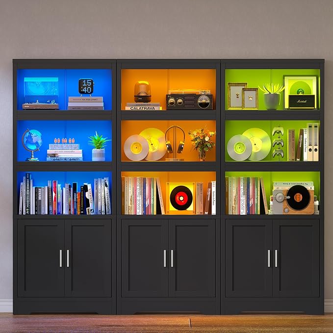 Book Shelf and Bookcase with Doors, 5-Tier Display Storage Cabinet with Adjustable Shelves, Open Compartments, Remote Control LED Lights, Tall cabinet for Bathroom Kitchen Living Room, Home Office