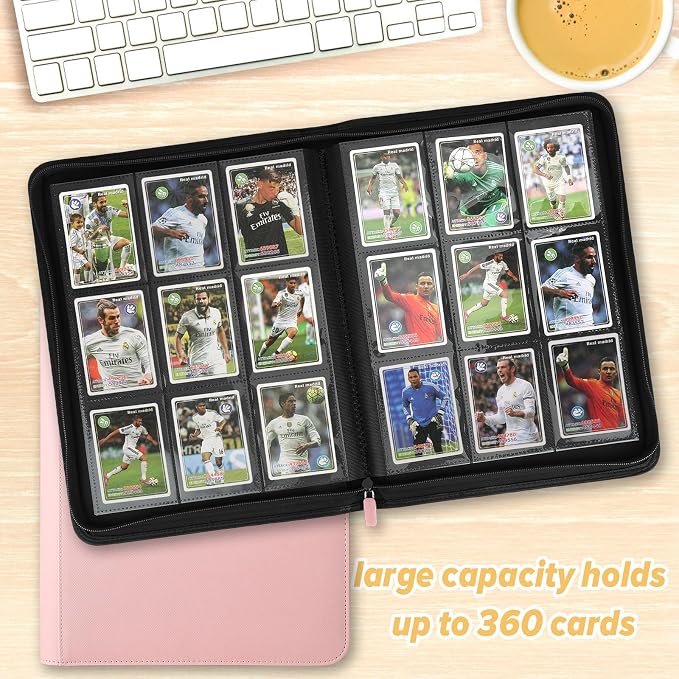 360 Cards Ringless 9-Pocket Side Loading Trading Card Binder, PU Zipper Fixed Page Card Album for TCG Sports Cards, Not Fit Top Loaders (Pink)