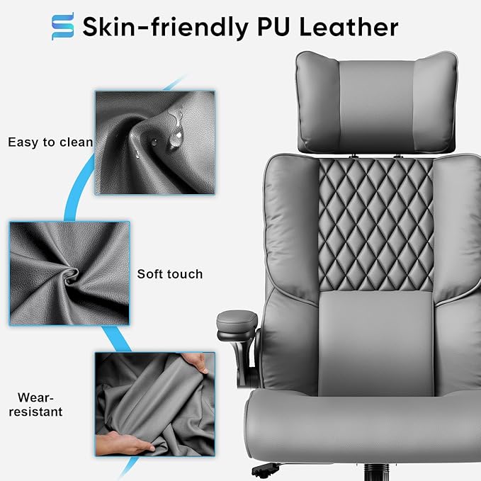 Sytas Executive Office Ergonomic Chair with Adjustable Headrest, PU Leather Desk Chair, High-Back Swivel Task Chair for Home Office, 135° Reclining, Gray
