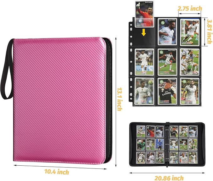 GERMUN 3 Ring 9 Pocket Zipper Card Binder, 720 Double Sided Standard PU Trading Card Album Folder for TCG & Sports Cards, Not Fit Top Loaders (Pink)