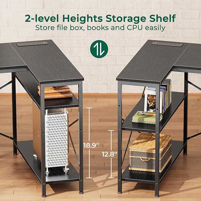 Huuger L Shaped Office Desk with Power Outlets & 3 Drawers | 47 Inch Computer Desk with Shelves, for Gaming, Corner Work, Home Office, Study, Black