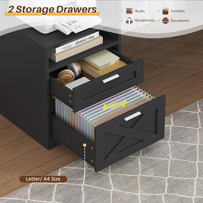 63" Farmhouse L Shaped Desk with Drawers & Storage Shelves for Home Office | Corner Desk with Power Outlets & LED Lights, L-Shaped Office Desks with File Drawer, Printer Shelf, Monitor Stand, Black