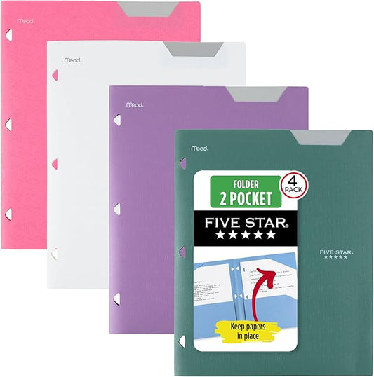 Five Star 2-Pocket Plastic Folder with Stay-Put Tabs, Fits 3-Ring Binder, Holds 8.5" x 11" Paper, Assorted Colors, 4 Pack (333420B)