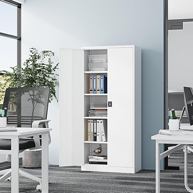 Fesbos Metal Storage Cabinet-72” Tall Steel File Cabinets with Lockable Doors and Adjustable Shelves-White Steel Storage Cabinet for Kitchen, Office, Garage