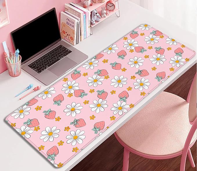 Strawberry Mouse Pad Desk Mat,Pink Large Large Gaming Mouse Mat with Stitched Edges,Non-Slip Waterproof Rubber Base Mouse Mat for Office Computer Keyboard Laptop Home(27.5X11.8 in)