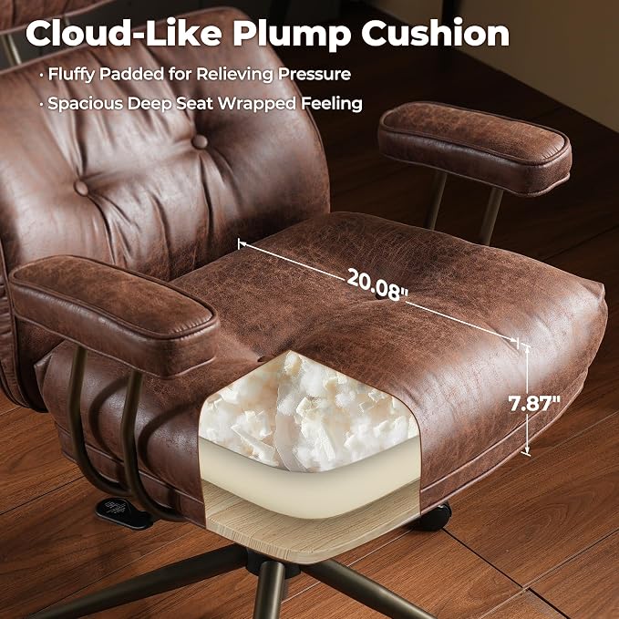 ovios Home Office Chair with Thick Cushion, Mid-Century Modern Faux Leather Ergonomic Chairs, High Back Swivel Rolling Computer Executive Armchair (Dark Brown, Suede Leather)