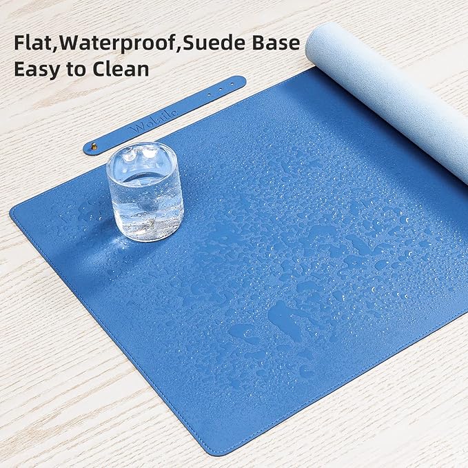 Wolaile Faux Leather Desk Pad Blotter,Water and Slip Resistant Writing Desk Protector Mat,Blue Large Mouse Pad for Desktop/Office Home Table Cover,36x17 in