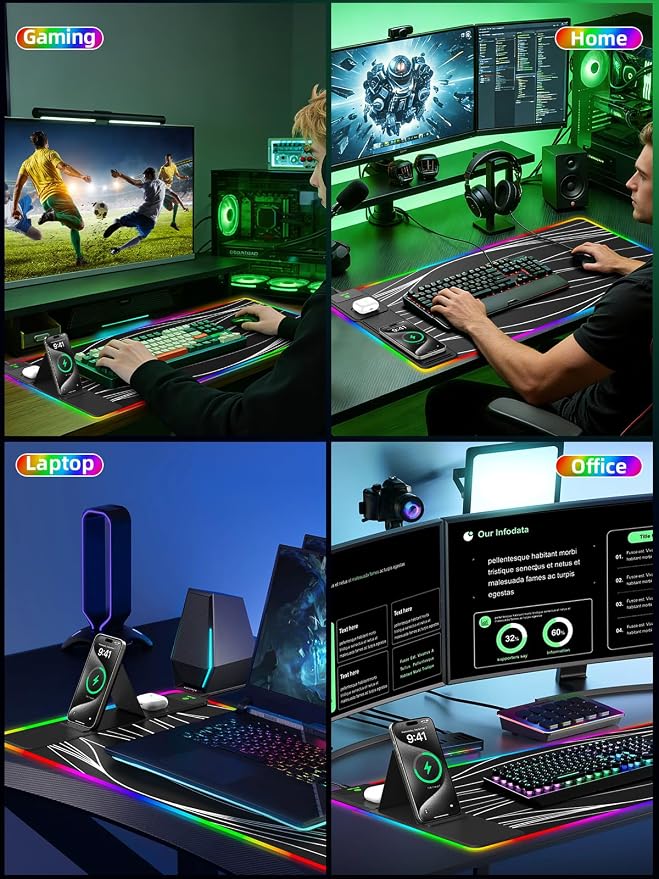 Mouse Pad with Foldable Phone Holder & Wireless Charger, XXL RGB Gaming Mousepad 31.5"x15.8" Large Desk Mat for Keyboard, Black Desk Pad with Dual Qi Charging Station | 11 Colors 5 Modes