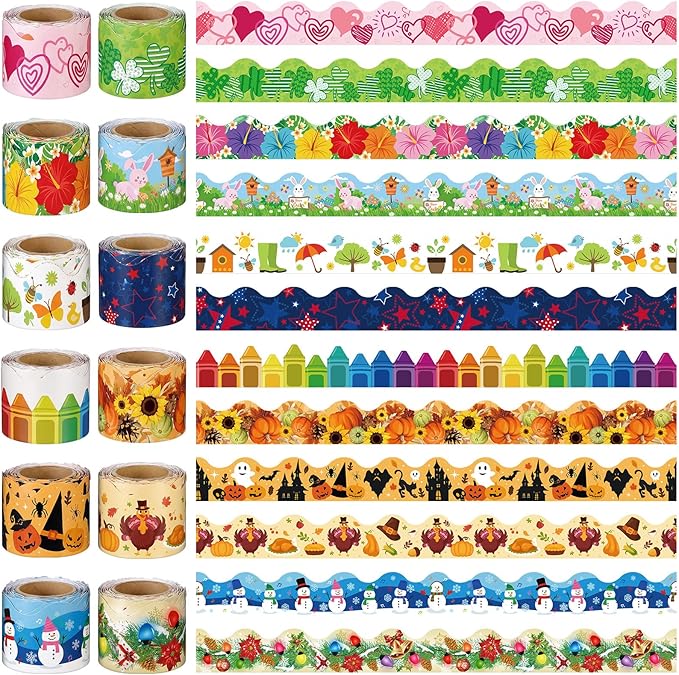 Geyee 12 Rolls 394 ft Holiday Bulletin Board Borders Seasonal Bulletin Board Decorations Winter Valentine's Day Spring Trim for School Classroom Wall Decor